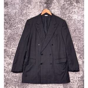 Vintage Brioni Double Breasted Blazer 42 L Long Men Gray Wool Flannel Windowpane